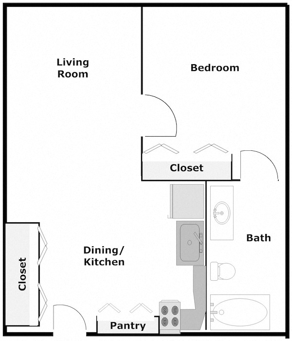 Floor plan for 1 bed, 1 bath, 521 sqft
